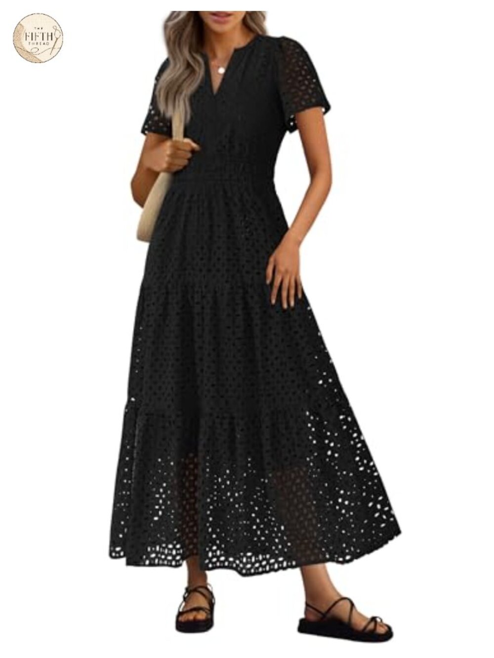 Women's Eyelet Maxi Dress Short Sleeve V Neck A Line Ruffled Summer